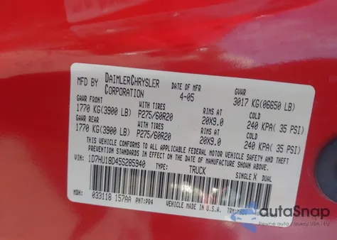 2005 Dodge Ram 1500 Slt/Laramie из США, поврежденный, VIN 1D7HU18D45S285940